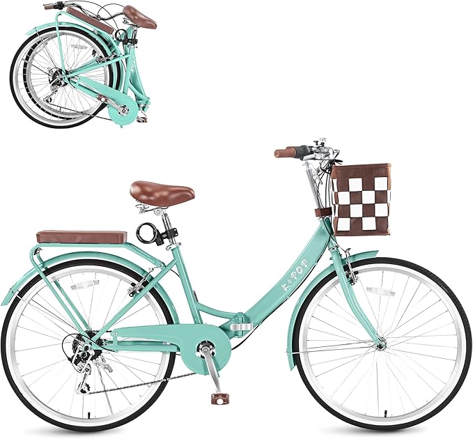 Foldable Beach Cruiser Bike for Women, 24/26 Inch Folding Bikes for Women, 7 Speed Commute Bike with Basket Adult Womens Bicycles Folding Cruiser Bikes for Adults, City Commuting's Bicycle