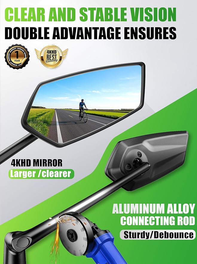 RBRL Bike Mirror, 3D Adjustable Arm for Extended Reach, Aluminum Alloy Anti-shake Bicycle Rearview Mirrors, 360° Panoramic Rearview, Wide Angle Shatterproof & Foldable E-bike Mirror(a set)