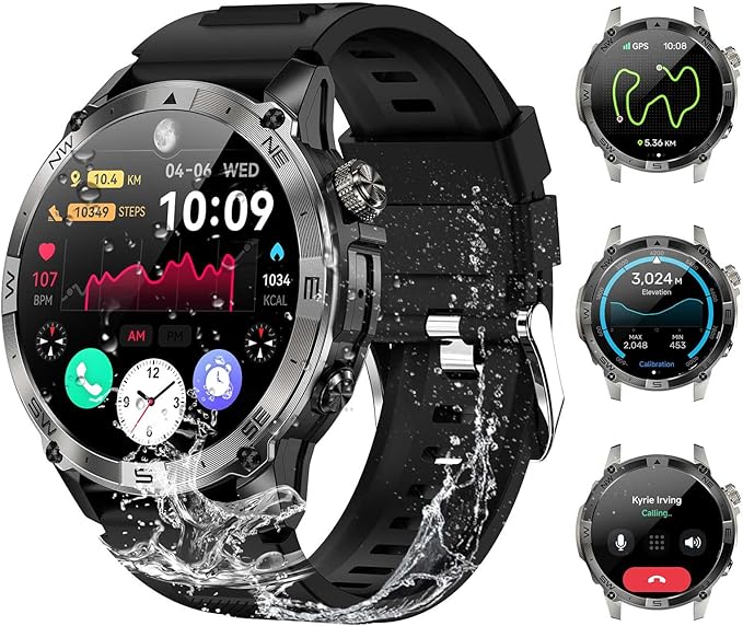 Military Smartwatch for Men, GPS Smart Watches Bluetooth Calls, 1.43" AMOLED Fitness Tracker with 530 mAh Large Battery/3ATM Waterproof/Compass/Air Pressure/Altitude for Android iOS