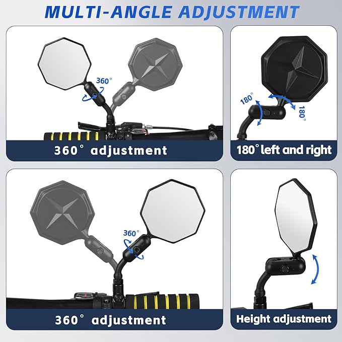 Bike Mirror, 1 pcs Bike Mirror Handlebar Mount,HD,360° Adjusted Bike Rear View Mirror, Anti-impact/explosion/glare, Fits for Mountain Bikes,E-bike, Bicycle,Scooter,Left/Right Universal