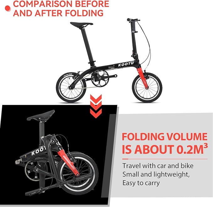 KOOTU Carbon Fiber Folding Bicycle 14-inch Wheel Student Bike One-Touch Folding Bike 6.7 Kg Mini Single-Speed Bike with Bell