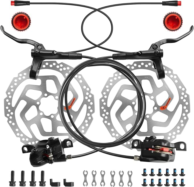 MT200 E-Bike Hydraulic Disc Brakes Set, 2-Pin 2-Piston Ebike Hydraulic Brakes Set with 180mm Rotors, Pre-Bled with Mineral Oil Electric Power-Off Hydraulic Brakes for eBike, MTB, Electric Scooters