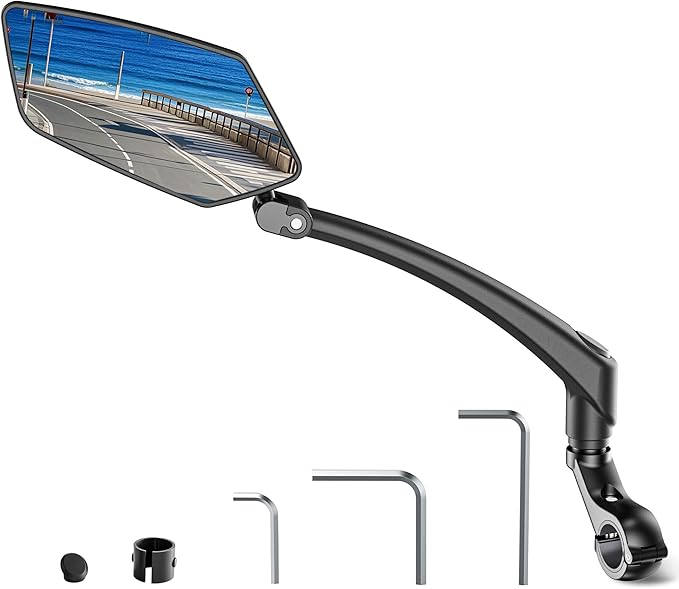 Bicycle Mirrors for Handlebars 360° Adjustable and Rotatable, Wide E Bike Mirror Handlebar Mount with Long Arm, Safe HD Bike Rear View Mirror for Scooter, Motorcycle, Foldable Ebike Accessory Left