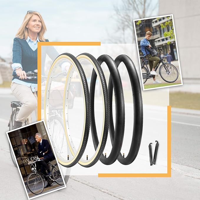 Hycline 26X1 3/8 Bike Tire Set: 2-Pack (37-590) Folding High-Density Bicycle Tires with Schrader Tubes & Tire Levers – Fits Vintage 26×1 3/8 City/Commuter Bikes