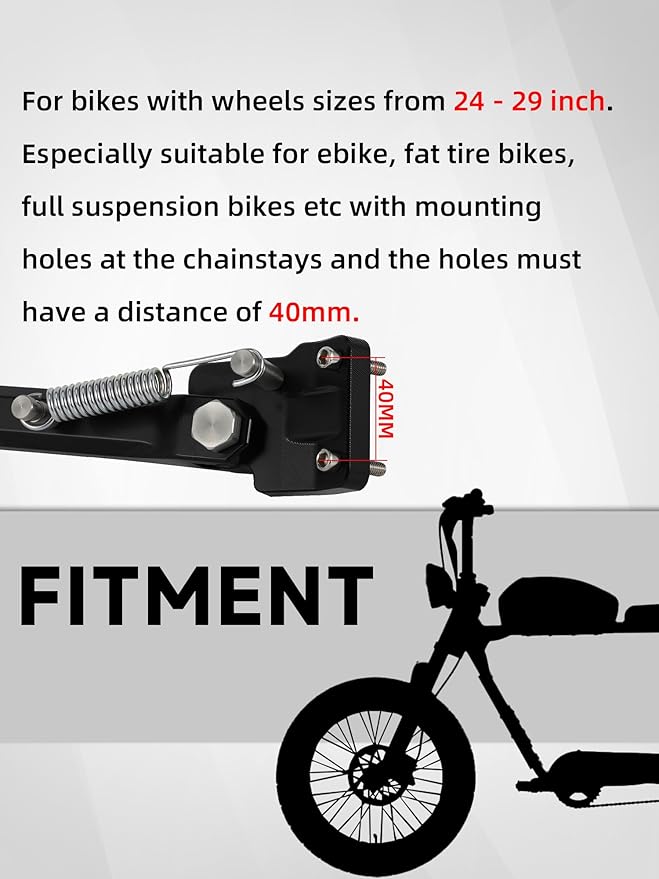 Kickstand for Ebike,CNC Aluminum Adjuster Side Kick Stand for 24-29 Inch Electric Mountain Bike Bicycle with 40mm Mount Hole - Silver