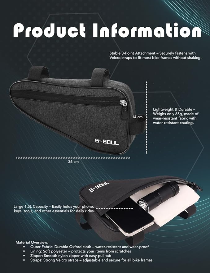 VEDA Waterproof Bike Triangle Frame Bag – 26 x 14 x 6 cm Slim Top Tube Saddle Bag with Zipper – Compact Bicycle Storage Pouch for Tools & Phone