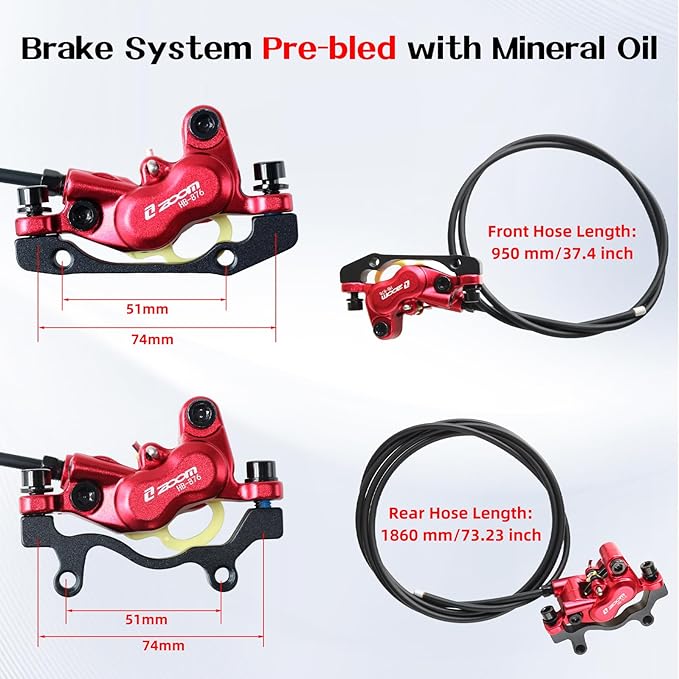 Zoom HB876E Hydraulic Disc Brakes Set 4-Pistons E-Bike Electric Power-OffHydraulic Brake Set for eBike, Mountain Bike, Road Bike (Red)
