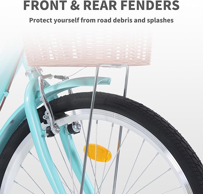 Adult Comfort Bike for Women, 24/26 Inch Women' Commuter Bicycle Single Speed with Rear Rack and Basket, Comfortable City Bikes Ergonomic Upright Design for Women, Men and Teens