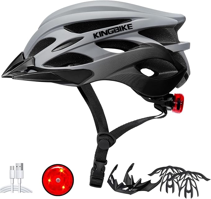 KINGBIKE Bike Helmet for Adult Men Women Youth Road Commute Mountain Cycling Helmets with USB Rechargeable Light Replaceable Padding and Visors Lightweight 20.4-23.6in