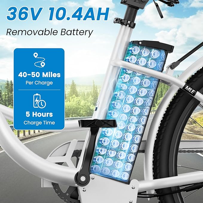 350W Electric Bike for Adults, 20MPH 7-Speed Commuter Ebike with 36V 10.4Ah Battery, Aluminum Frame, Front Suspension, Dual Disc Brakes, E Bicycle with Basket & Rear Rack, 330 lbs Load