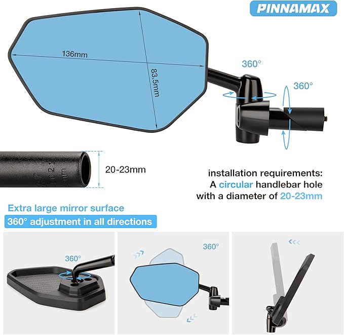 Bike Mirror Anti-shake - 360°Adjustable Handlebar End Bike Mirrors - Bicycle Rear View Mirror Compatible with Mountain Bikes, E-bikes, Scooter