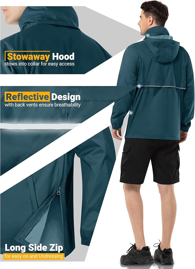 Outdoor Ventures Men's Rain Jacket Waterproof Lightweight Packable Rain Pullover for Hiking Golf Running
