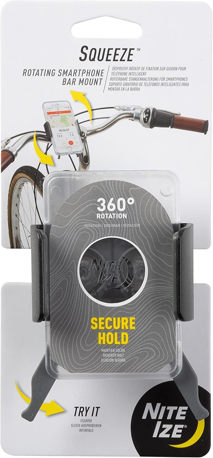 Nite Ize Squeeze Rotating Smartphone Bar Mount, Universal Bike Phone Holder For Bar or Stem, Compatible With iPhone/Galaxy/Edge/Google Pixel and more, Translucent