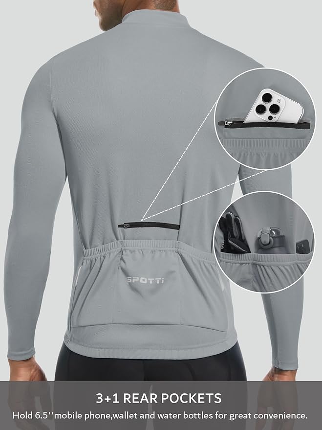 Spotti Men's Cycling Bike Jersey Long Sleeve with 3 Rear Pockets - Moisture Wicking, Breathable, Quick Dry Biking Shirt