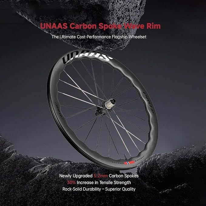 WINSPACE UNAAS PRO2 Carbon Fiber Wheelset 700C Disc Brake Carbon Spokes Wave Rim Ultralight 1430g 45-50mm Depth Road Bike Wheels, Tubeless Ready.