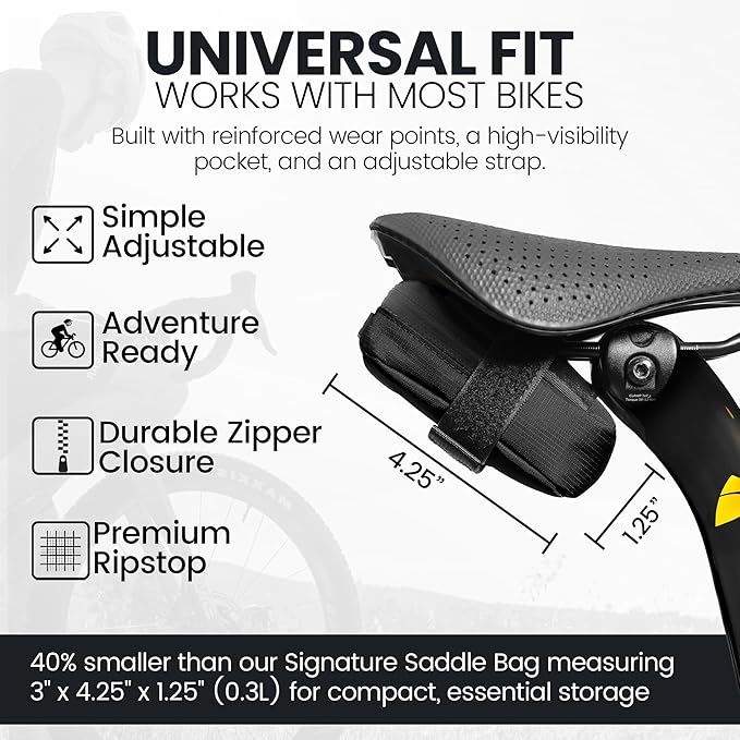 ALMSTHRE Compact Bike Saddle Bag – Midnight Black (Small) | 0.3L Bike Seat Bag (3" x 4.25" x 1.25") | Water-Resistant Ripstop, Waterproof Zipper, Internal Pocket | Durable Under Seat Storage