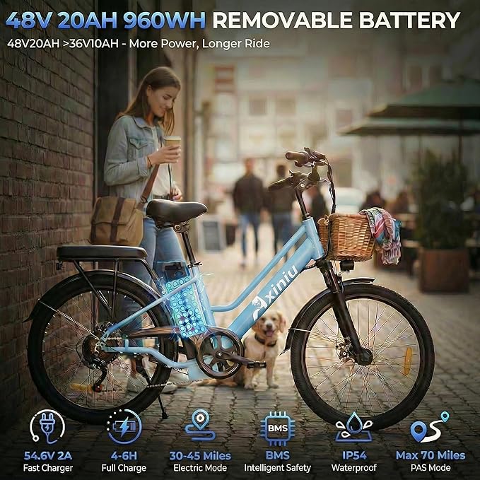 24 Inch Electric Bike for Adults, Step Through Ebike for Women, Peak 1000W Motor 22MPH, 48V 20AH Removable Battery Up to 70 Miles, 7 Speed Dual Shock Absorber, City Cruiser Commuter Bicycle