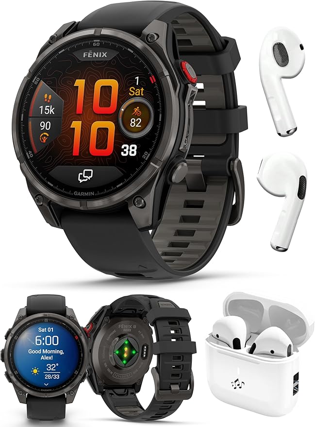 PlayBetter Garmin Fenix 8 Pro AMOLED Sapphire (47mm, Carbon Gray DLC Titanium) Multisport GPS Smartwatch Bundle - 1.4” Touchscreen, inReach Technology Wireless Running Earbuds