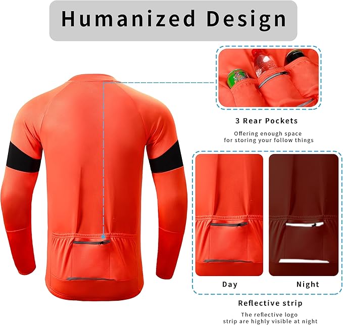 Dooy Men's Cycling Bike Jersey Long Sleeve Full Zipper Biking Shirt with 3 Rear Pockets, Breathable MTB Shirts Basic Series