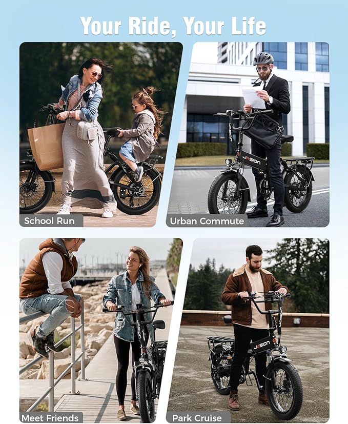 Jasion EB7 2.0 Adult Electric Bicycles, 28MPH Folding Electric Bike,1200W Peak Motor, 480WH Battery 55Miles Commute Ebikes for Adults,Shock Absorber,20" Fat Tire for City,Beach,Snow,Mountain