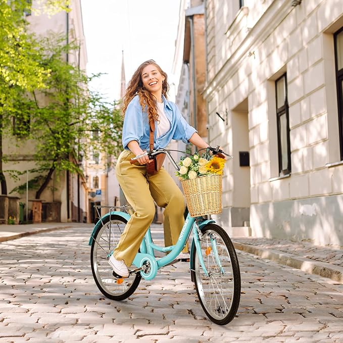 Betterland Beach Cruiser Bike for Women, 24/26 inch Hybrid Bike with Adjustable Seat, Womens Bike with Front Basket and Dual V-Brake, Step Through Comfort Bicycle for City Commuter