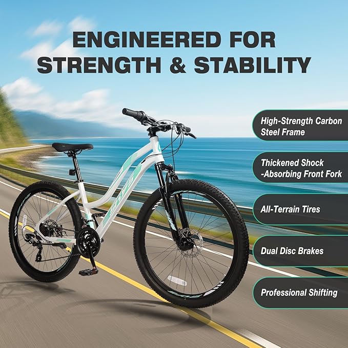 24/26 Inch Mountain Bike for Women & Girls, Twist Shifter, Dual Disc Brakes, Lockout Fork, 2.35" All Terrain Tires, Low Step Steel Frame, 85% Pre-Assembled