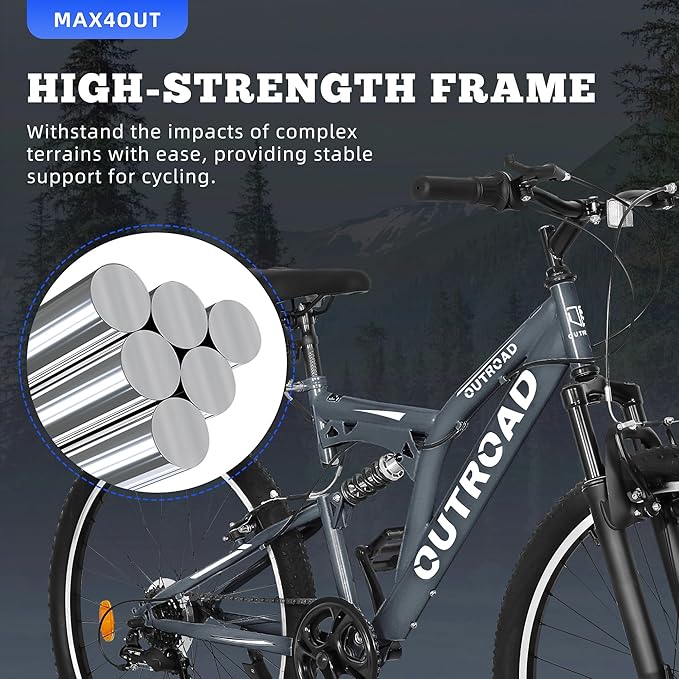 26 inch Mountain Bike Dual Full Suspension, Outdoor Hybrid Bikes,7-Speed/High-Carbon Steel, for Men Women Adult, MTB Bicycle with Suspension Fork,Sleek Colors