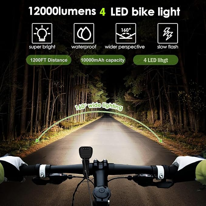 Victagen Bike Light 12000lm Bike Lights for Night Riding, Waterproof Lights for bike Rechargeable Front Bike Headlight and Taillight, High & Low Beam, 10000mAh ultra long endurance bike lights
