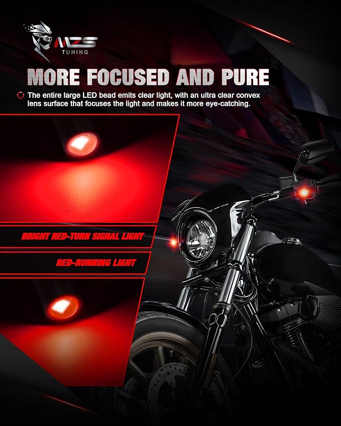 MZS Motorcycle LED Turn Signals, Front Light Red+Red and Rear Amber Mini Brake Tail Light Blinkers, Minimalist Design, Universal 6mm Screw Compatible with Most Family Motorcycles