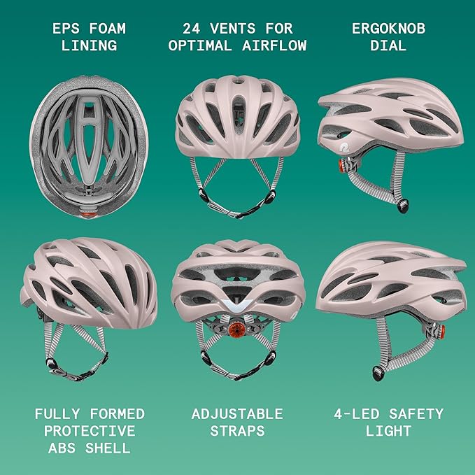 Retrospec Silas Road Bike Helmet with 24 Air Vents & Built-in LED Safety Light - Adjustable Adult Cycling Protection 54-61cm - Padded & Lightweight Design