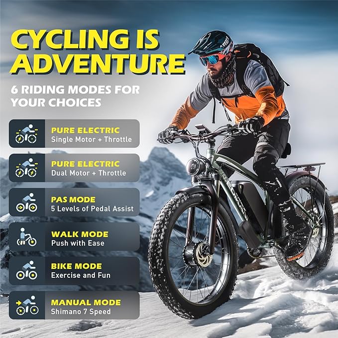 E Bikes for Adults Electric,51 MPH/48 MPH Fast Ebike Peak 5000W/3000W 32AH 52V 130 Miles Max, Dual Motor Electric Bike Fat Tire E Bike for Men, 26" Electric Bicycle for Snow Off-Road, Hydraulic Brakes
