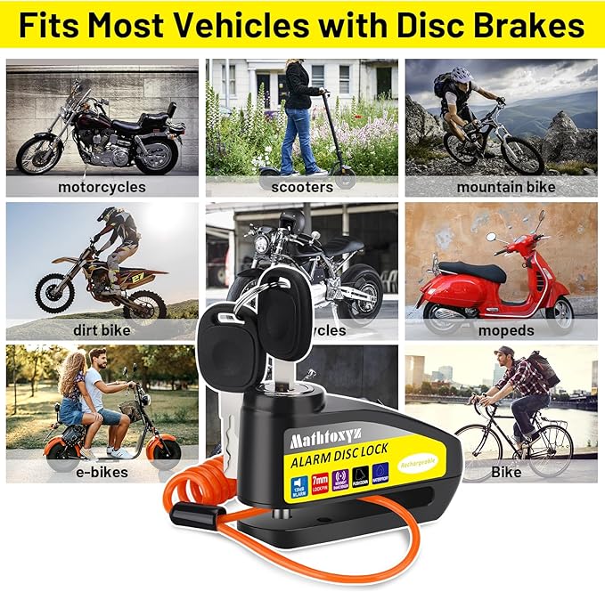 Motorcycle Lock Rechargeable, 120dB Alarm Disc Brake Locks Anti-Theft Security Wheel Disc Lock Waterproof with 5ft Reminder Cable and Carry Pouch for Motorbike Bike Scooter