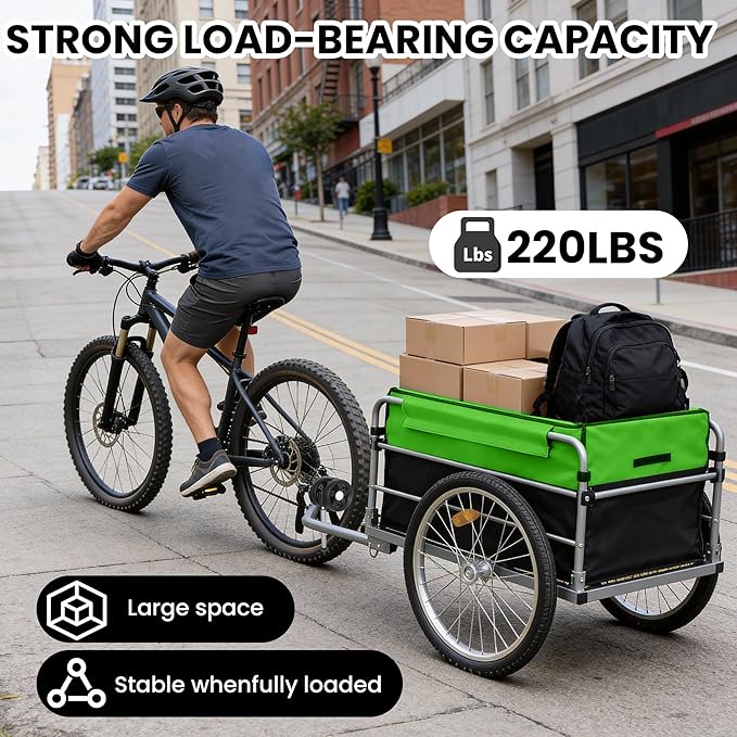 Aluminum Bicycle Trailer, Foldable Bike Cargo Trailer with Universal Hitch, Removable Oxford Fabric Cover, Bicycle Trailers Folding, for Camping, Groceries, 220 LBS Load Capacity, Black+Green