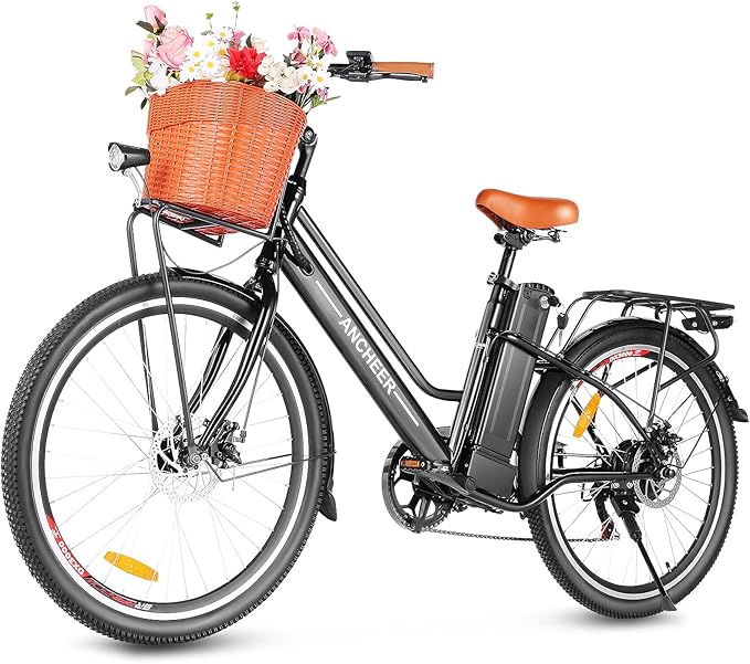 ANCHEER 26'' Electric Bike for Adults, Peak 750W Low Frame Electric City Bike with 48V/374Wh Battery, Up to 50Miles Step Through Commuter Ebike/Electric Bicycle with Basket, LCD Display