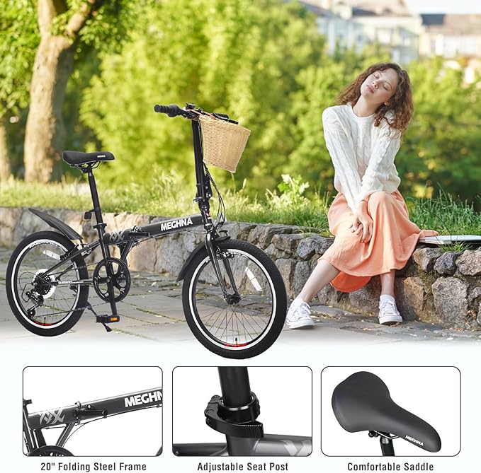 20 inch Folding Bike 6 Speed V Brake City Commuter Bicycle with Basket Mudguard for Men Women Daily Commuting