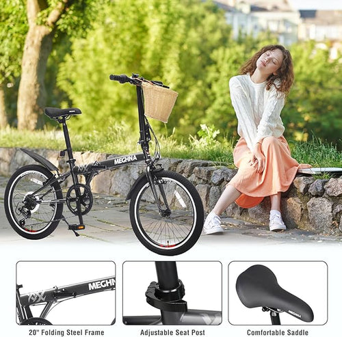 20 inch Folding Bike 6 Speed V Brake City Commuter Bicycle with Basket Mudguard for Men Women Daily Commuting