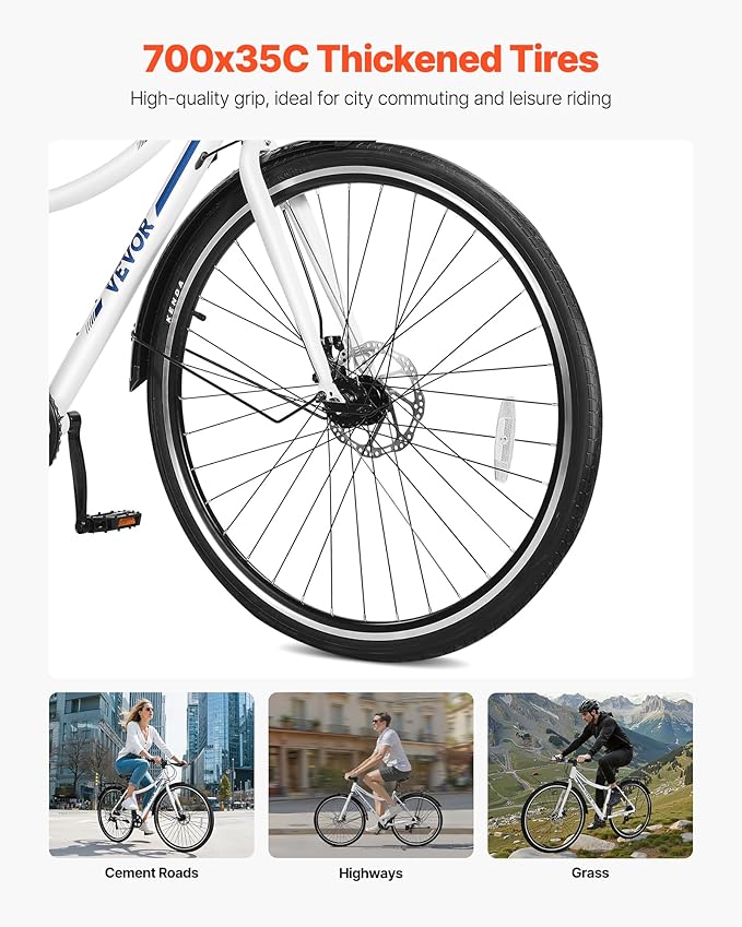 VEVOR Hybrid Bike, Lightweight Aluminum Frame Bike, 700c Wheel Men Women Hybrid Bicycle, Step-Over/Step-Through Adult Urban City Commuter Bikes, with 7/24 Speed, Alloy Adjustable Stem and Seat