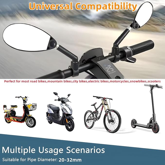 2 Pack Bike Mirrors,[New Version]Handlebar Bike Mirror with Telescopic Linkage,360° Adjustable Safety Bicycle Rear View Mirrors,Anti-Glare Shatterproof Glass Lens,Compatible with E-bikes,Mountain Bike