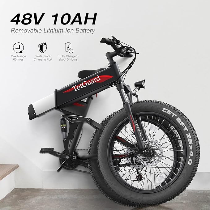 Wooken 26" x4.0 Fat Tire Electric Bike, Folding Electirc Bike for Mountain Commuter, Peak 1000W Motor 21.6 MPH, Ebikes for Adults with 48V/10.4Ah Removable Battery, Suspension Fork, 21 Speed Ebike
