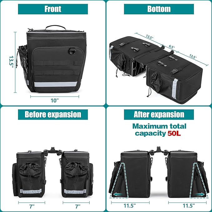 50L Bike Panniers with a Rain Cover, Bike Saddle Bag with Expandable Compartment and Multiple Pockets, Black