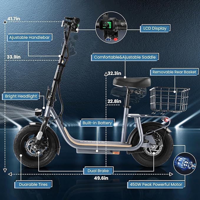 Caroma Peak 1200W/800W Electric Scooter with Seat, 30 Miles Max Range, Electric Scooter Adults, Up to 20MPH Foldable Escooter with Basket,Key Start Adjustable E-Scooter
