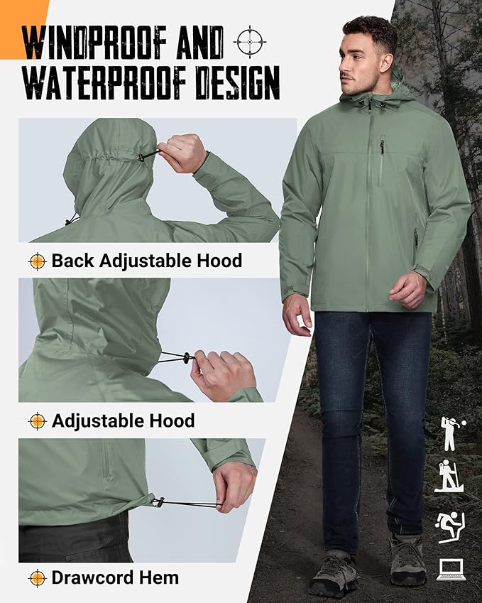 33,000ft Men's Packable Rain Jacket Lightweight Rain Shell Jacket with Hood Waterproof Raincoat for Cycling