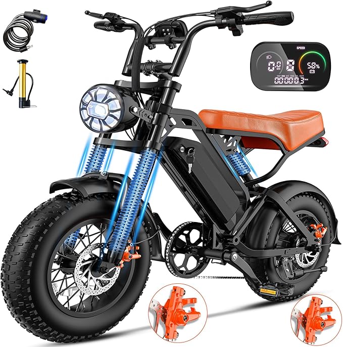 Heavy-Duty Foldable Electric Bike for Adults with 7-Shock Suspension, 500+ lbs Capacity, 740W Motor, 25MPH, 720Wh Battery, 20 Mile Range, 14“ Fat Tires Commuter Electric Bicycles for Road & Mountain