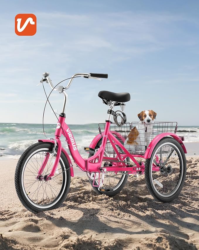 VIRIBUS Folding Tricycle for Adults, 20 inch Foldable Adult Tricycle 1 or 7 Speed Speed with Basket, Folding 3 Wheel Bikes for Adults Senior Women Men, Collapsible Mini Trike, Three Wheeler 330lb.