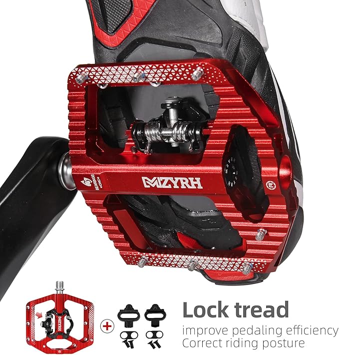 MZYRH MTB Mountain Bike Pedals 3 Bearing Flat Platform Compatible with SPD,Dual Function Sealed Clipless Aluminum 9/16" Pedals with Cleats for Road