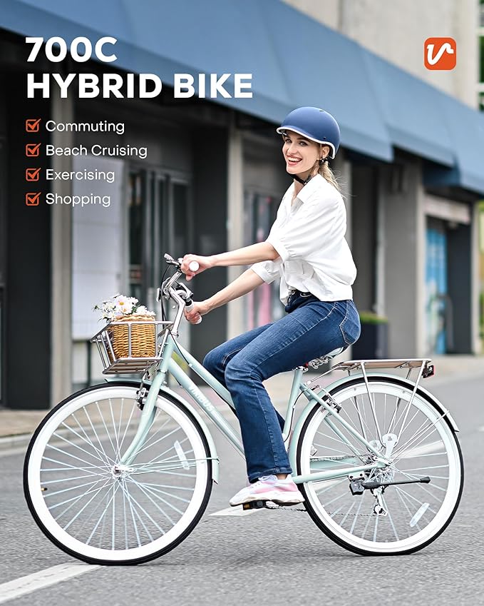 VIRIBUS Womens Hybrid Bike, 7 Speed Road Bike 28 inch for Women, 700C Adult Bicycle with Basket and Rack for Tall Ladies, Step Through City Retro Commuter Bicycle