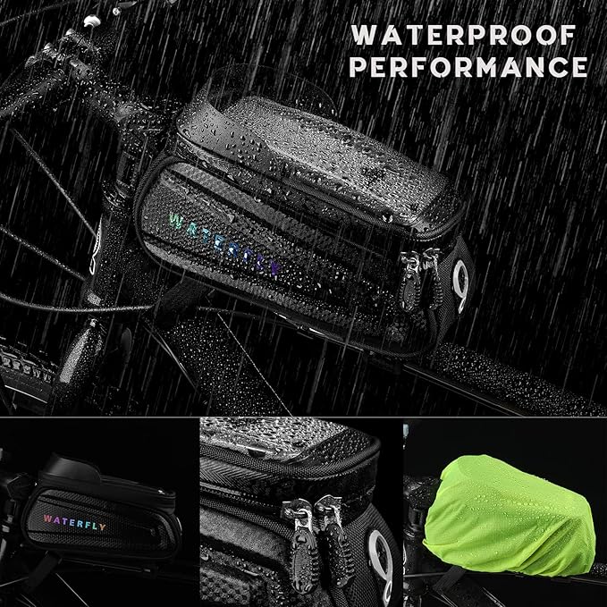 WATERFLY Bike Front Frame Bag: Bike Top Tube Phone Mount Bag Road MTB Cycling Waterproof Phone Holder Storage Pouch Mountain Biking Bicycle Handlebar Pouch Bikepacking