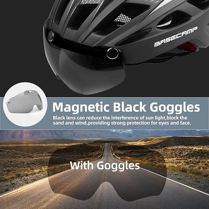 Bike Helmet, Basecamp Bicycle Helmet with Rear Light & Detachable Magnetic Goggles Lightweight Cycling Helmet Adjustable for Adult Men Women Mountain & Road (BC-069)