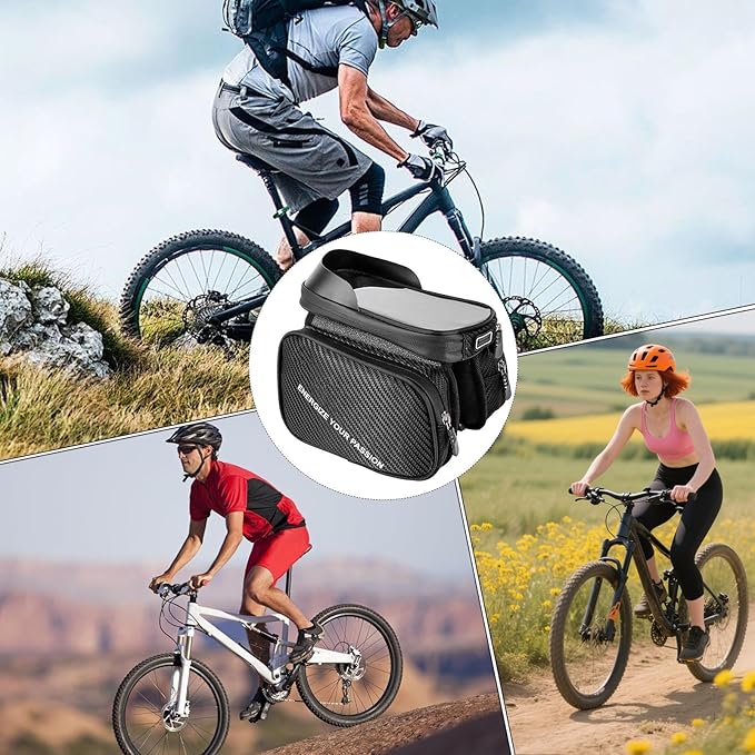 Portable Bag Bike, Waterproof Touchscreen Phone Holder, 8 Inches Road Bike Top Tube Pouch with Zipper, Polyester Cycling Storage with Reflective Strips, Electric Scooter Gear Organizer Easy Access