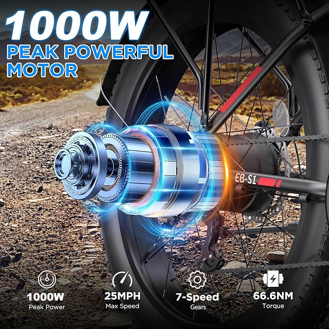 Electric Bike for Adults, 1000W Peak Ebike, 25MPH 60Miles Electric Mountain Bike, 26" Fat Tire Electric Bicycle with 48V 13AH Battery, Front Suspension,7 Speed, Rear Rack, UL 2849 Certified